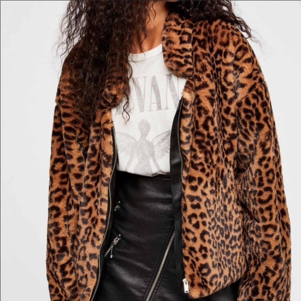 Free People Furry Animal Leopard Print bomber Jacket